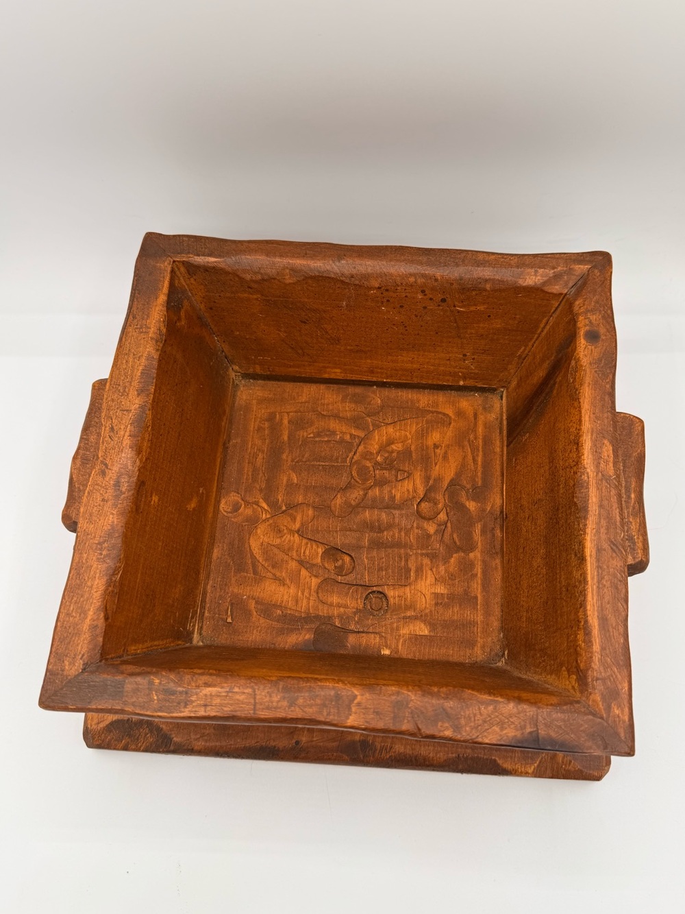 Vintage Hand Carved Wooden Square Pedestal Bowl Heavy Primitive Riser Tray